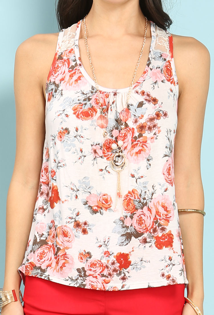Floral Patterned Sleeveless Top W/Necklace