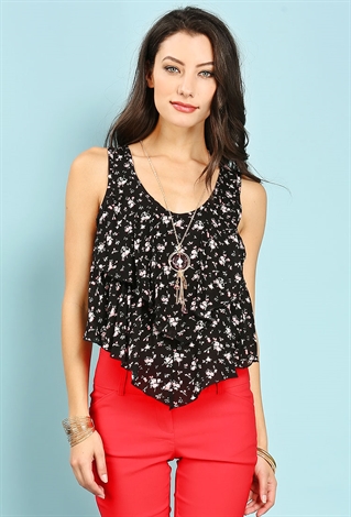 Floral Pattern Ruffle Top W/Necklace