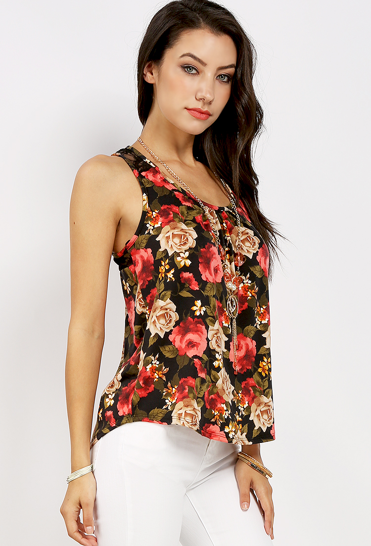 Back Laced Floral Pattern Top W/ Necklace
