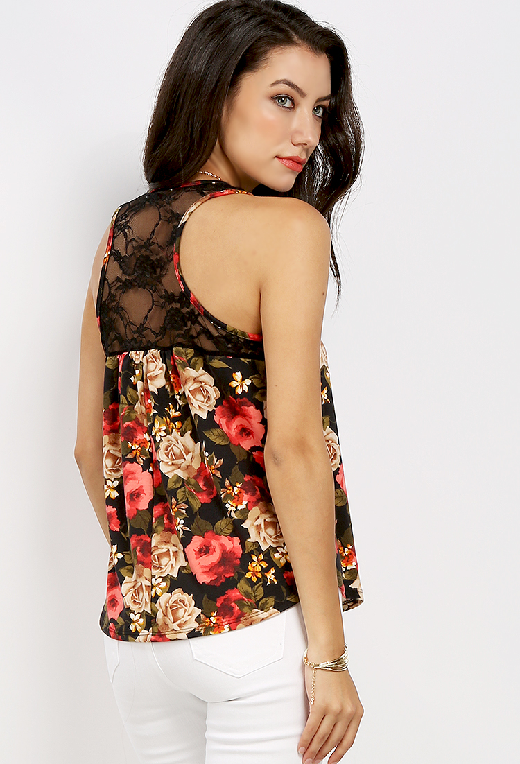 Back Laced Floral Pattern Top W/ Necklace