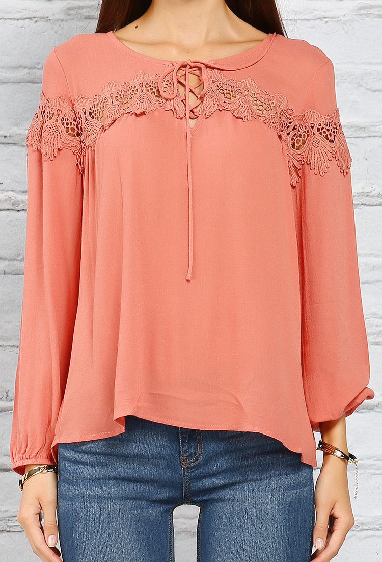 Crochet-Trimmed Lace-Up Casual Top