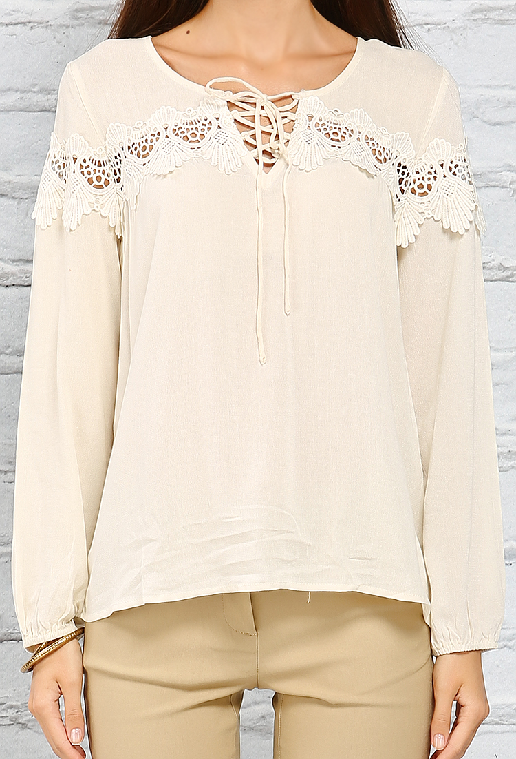 Crochet-Trimmed Lace-Up Casual Top
